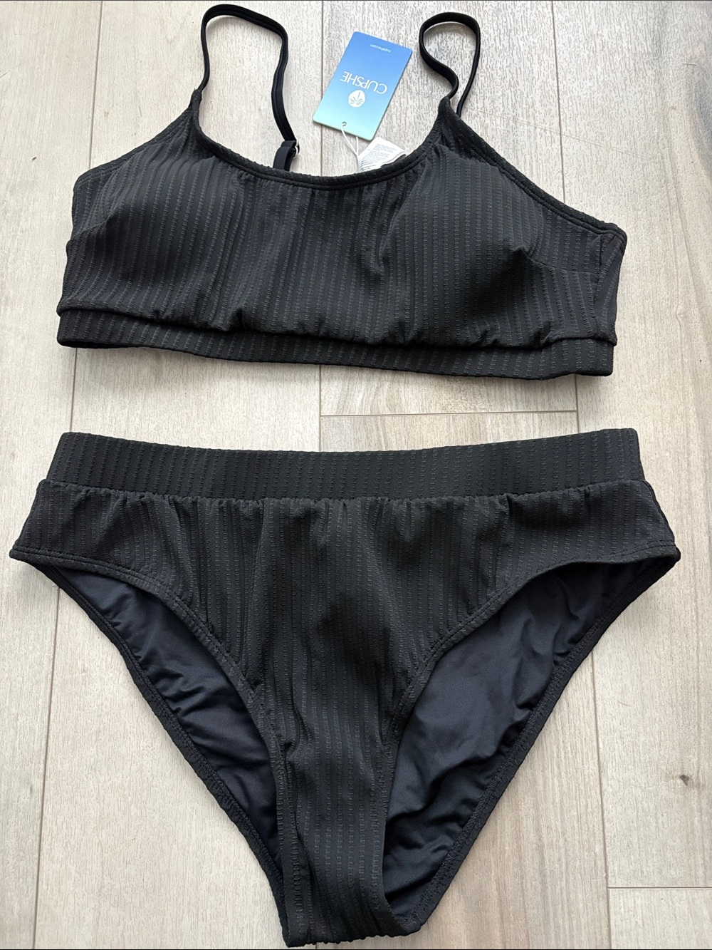 Cupshe Black Ribbed Scoop Bikini Set